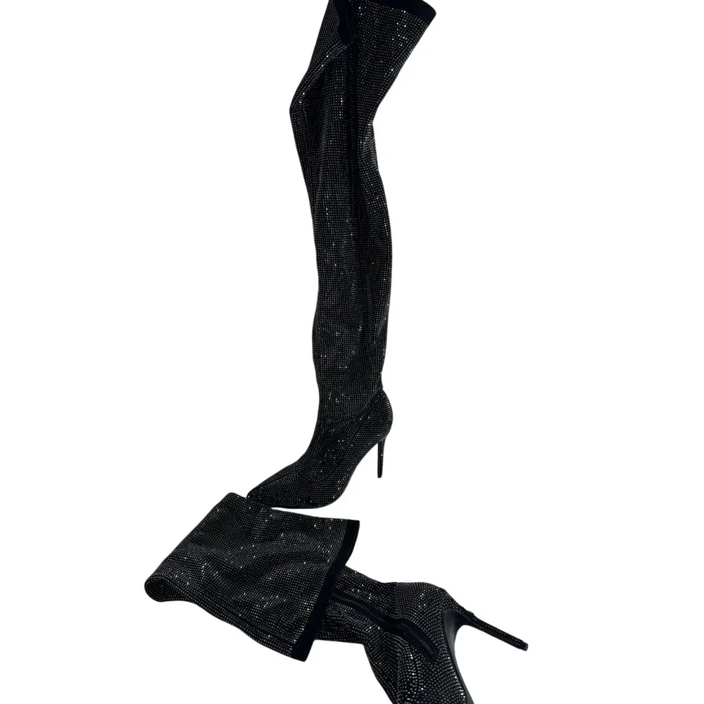 Unbranded Rhinestone Over The Knee Boots Womens 9 Black Stiletto Pointed Toe Zip